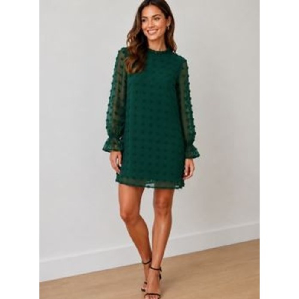 Adibosy Swiss Dot Shift Dress Womens Large‎ Green Ruffle Mock Neck Boho Party